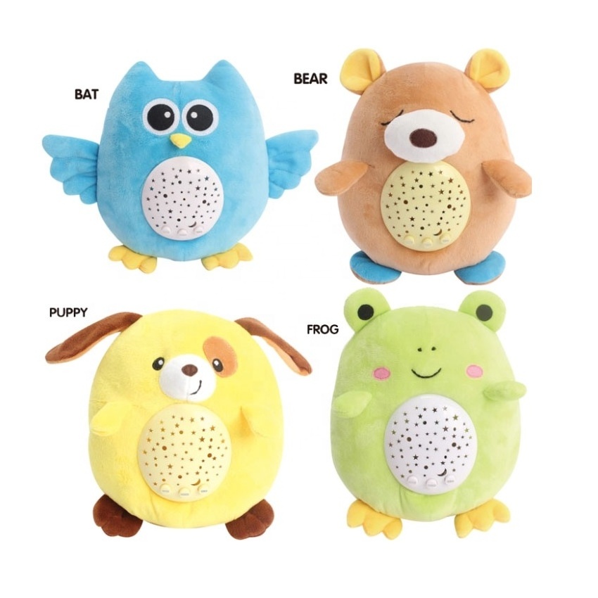 Musical stuffed plush toy animals night light starry sky projector pacify emotion baby sleep soother toy for infant