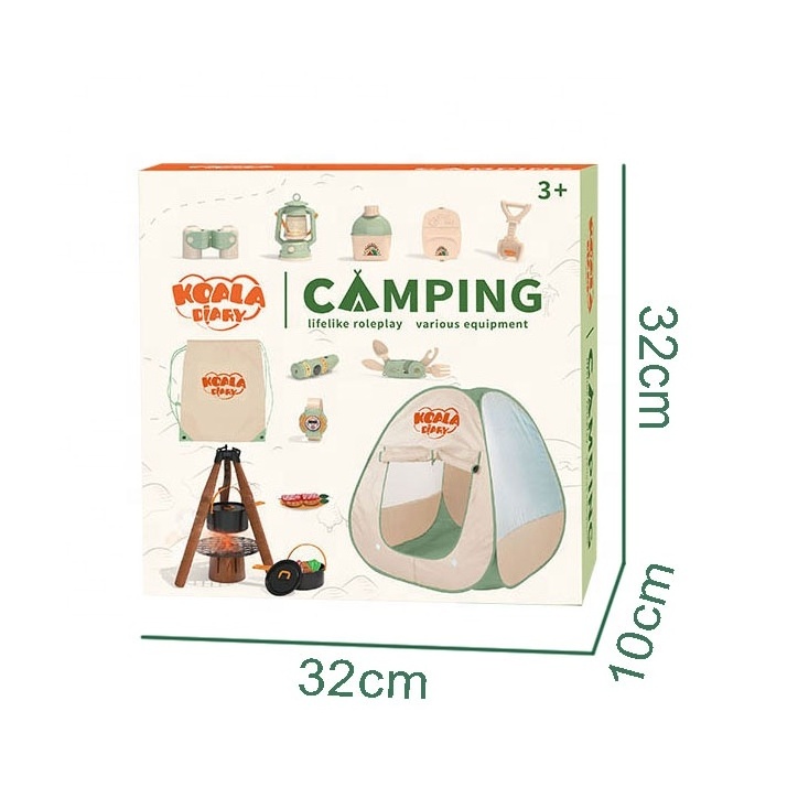 17pcs kids camp utensils and tools pretend play tent toy set simulated camping gear tool toy with spray smoke campfire and lamps