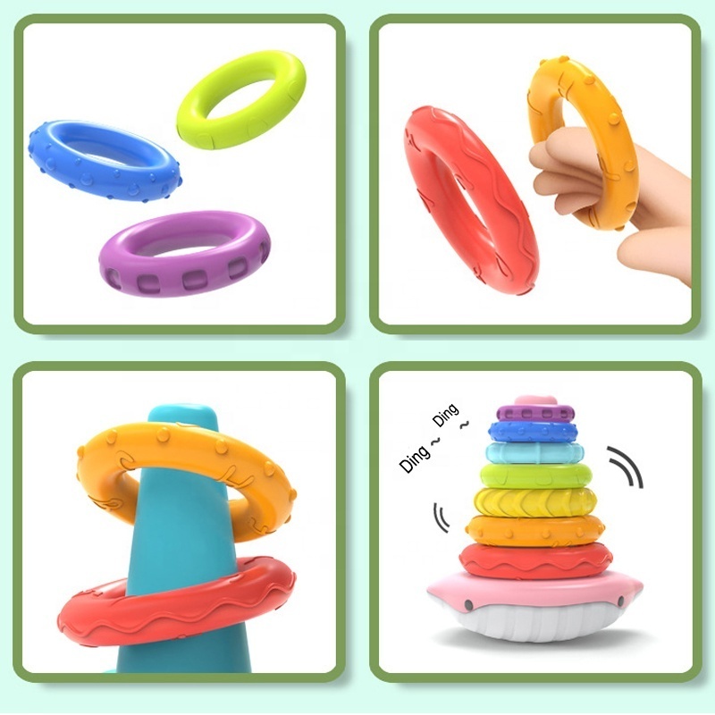 New items baby whale rainbow rings stack tumbler toy Montessori children ring toss colorful toys stacking tower game with rattle