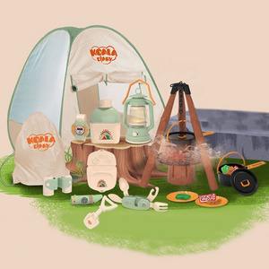 17pcs kids camp utensils and tools pretend play tent toy set simulated camping gear tool toy with spray smoke campfire and lamps