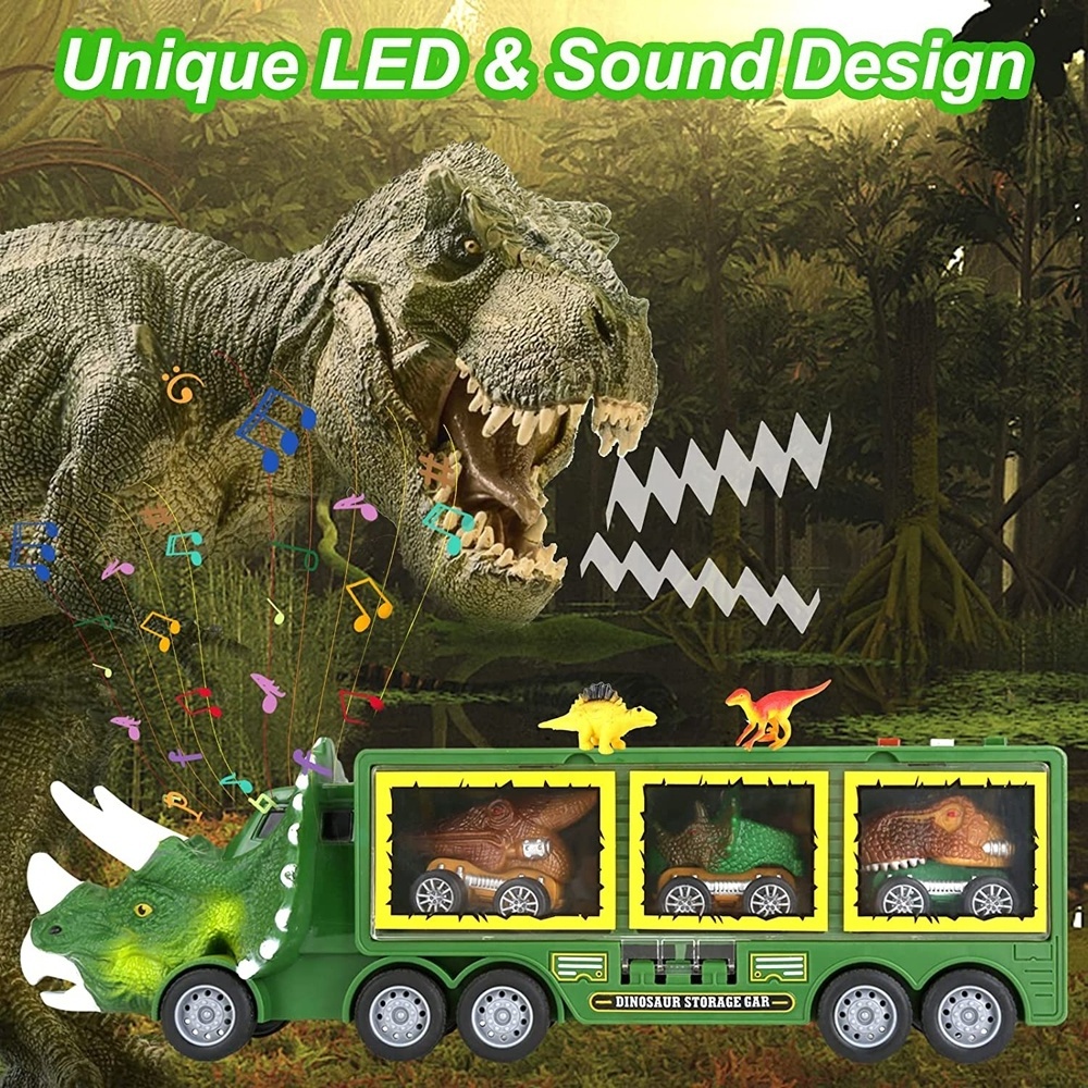 Dinosaur transport monster truck carrier pull back dino cars toys container storage with flashing light music and sound for kids