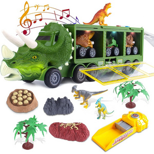 Dinosaur transport monster truck carrier pull back dino cars toys container storage with flashing light music and sound for kids