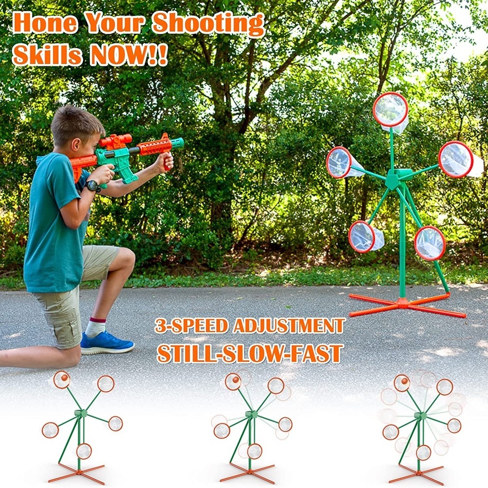 Kids outdoor large rotatable moving windmill shooting target game with 24 foam balls and 2 popper air gun toy shooting practice