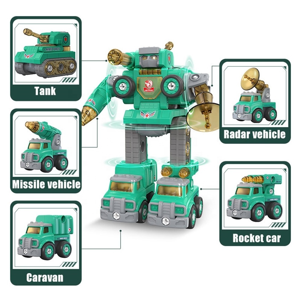 5 in 1 take apart toy vehicles transform into robot stem assembly deformation robot toy gift for kids with sound and light