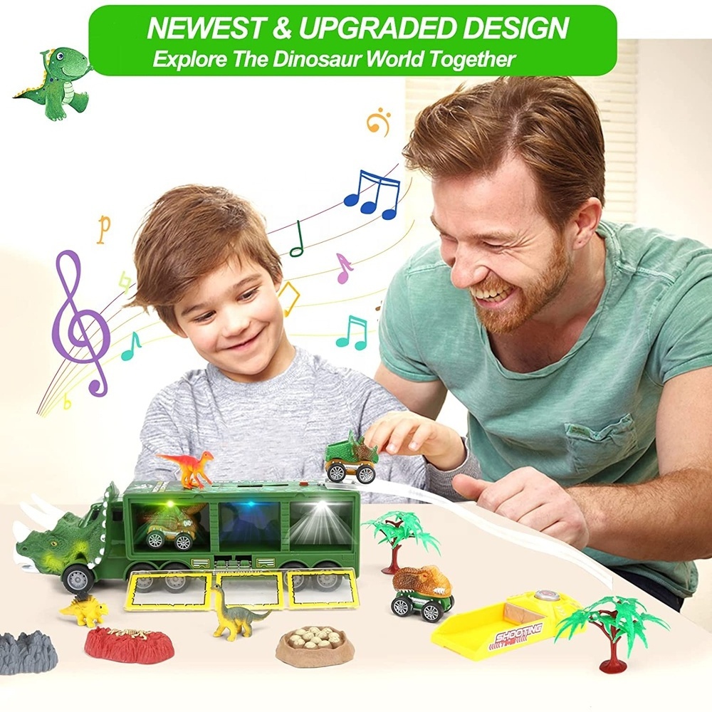 Dinosaur transport monster truck carrier pull back dino cars toys container storage with flashing light music and sound for kids