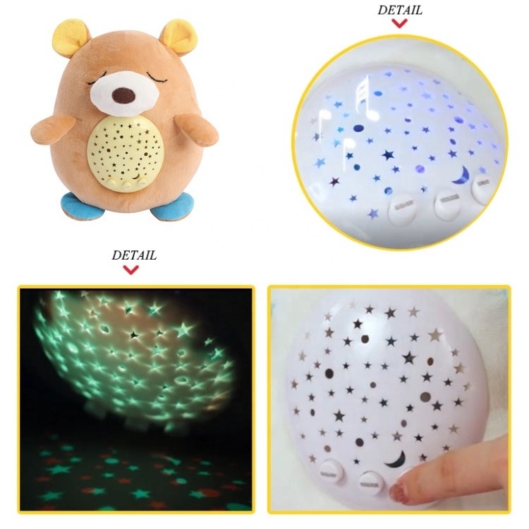 Musical stuffed plush toy animals night light starry sky projector pacify emotion baby sleep soother toy for infant