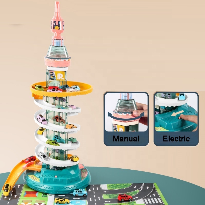 New arrival multi layer pearl tower vehicle DIY assembly parking garage toy slot track car toy parking lot with music and light