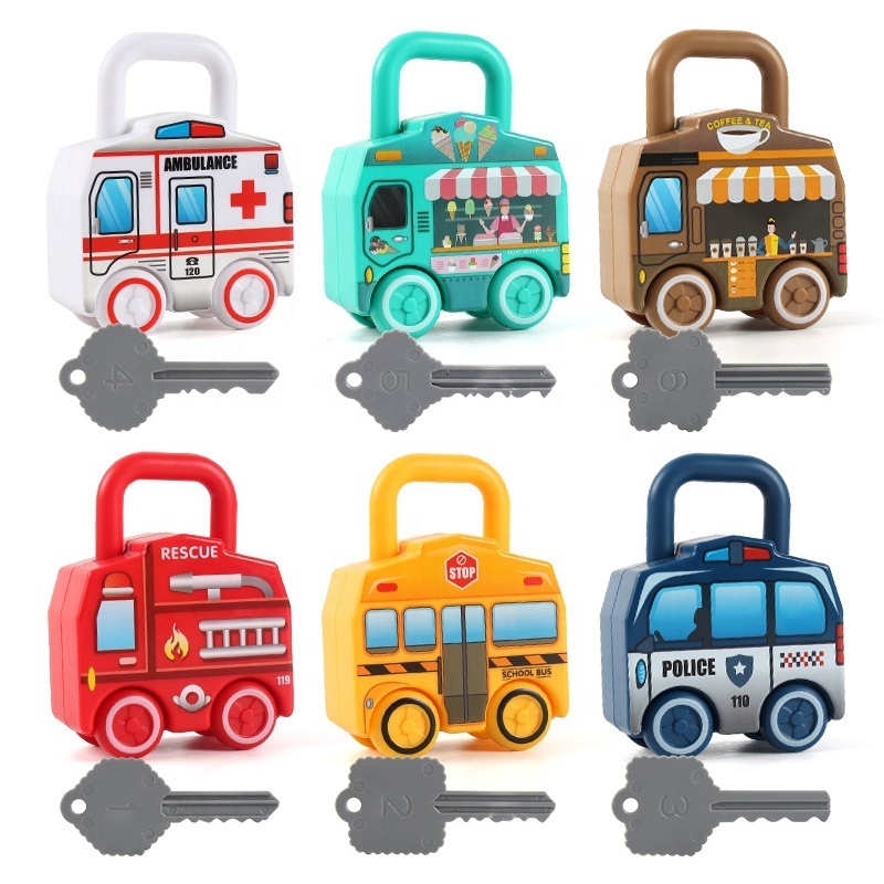 6PCS children Montessori lock toy key number matching unlock learning educational toy number lock vehicle toy for baby with keys