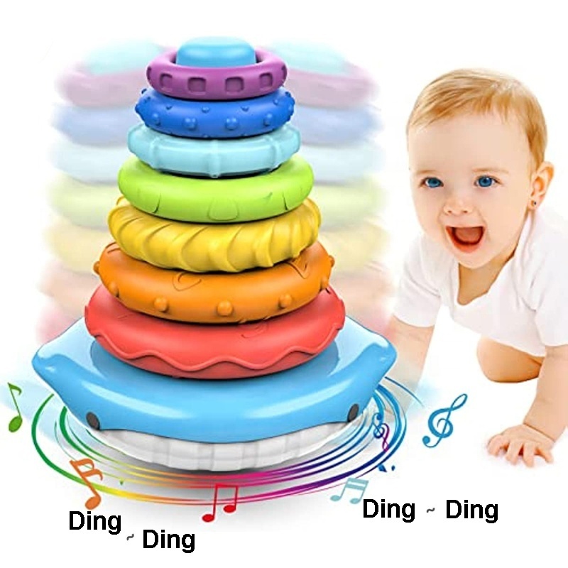 New items baby whale rainbow rings stack tumbler toy Montessori children ring toss colorful toys stacking tower game with rattle