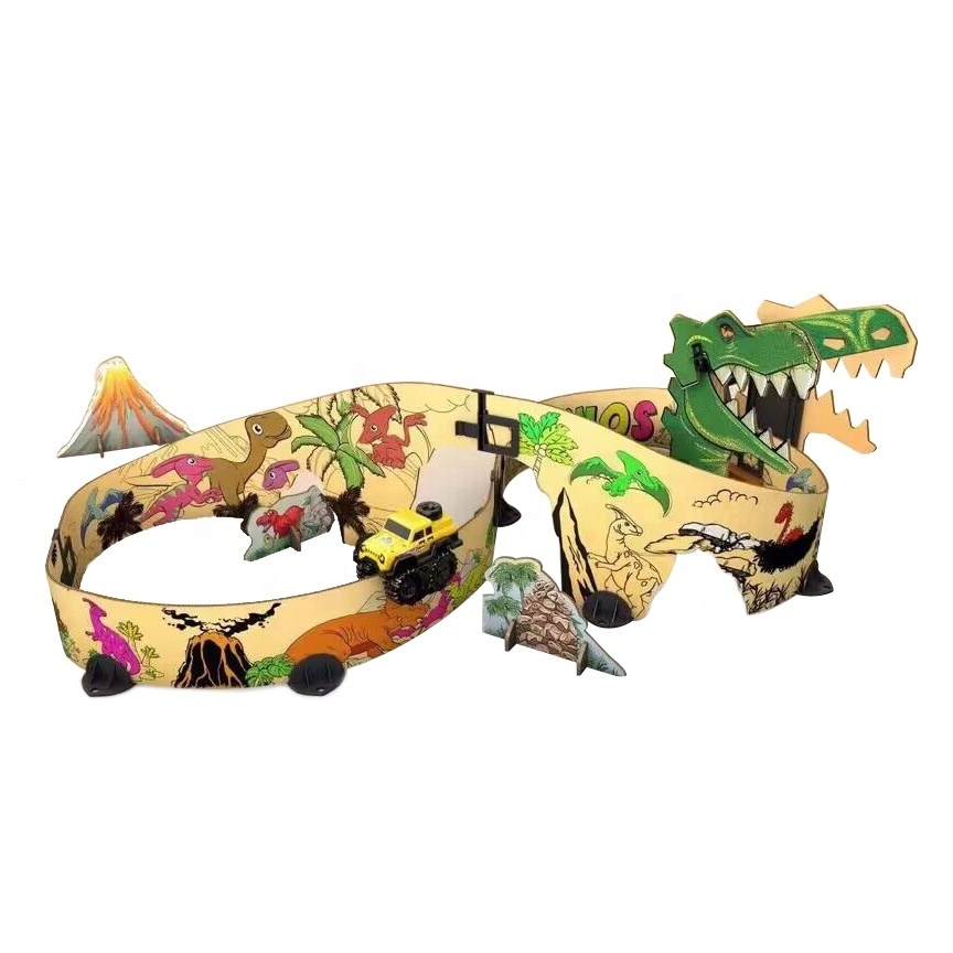 Newest dinosaur track car toy electric racing car creative doodle track set DIY building paperboard track monster truck for kids