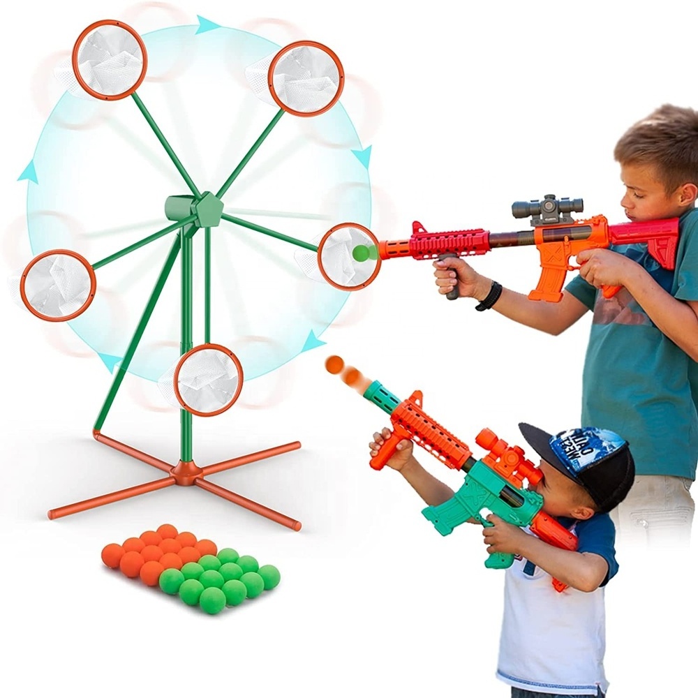 Kids outdoor large rotatable moving windmill shooting target game with 24 foam balls and 2 popper air gun toy shooting practice