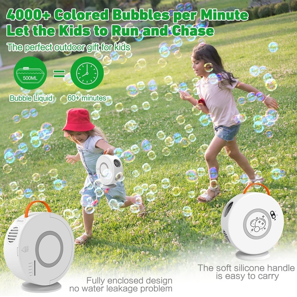 New arrival electric bubble maker kids portable bubble machine chargeable automatic bubble blower toy with 90/360 degree rotated