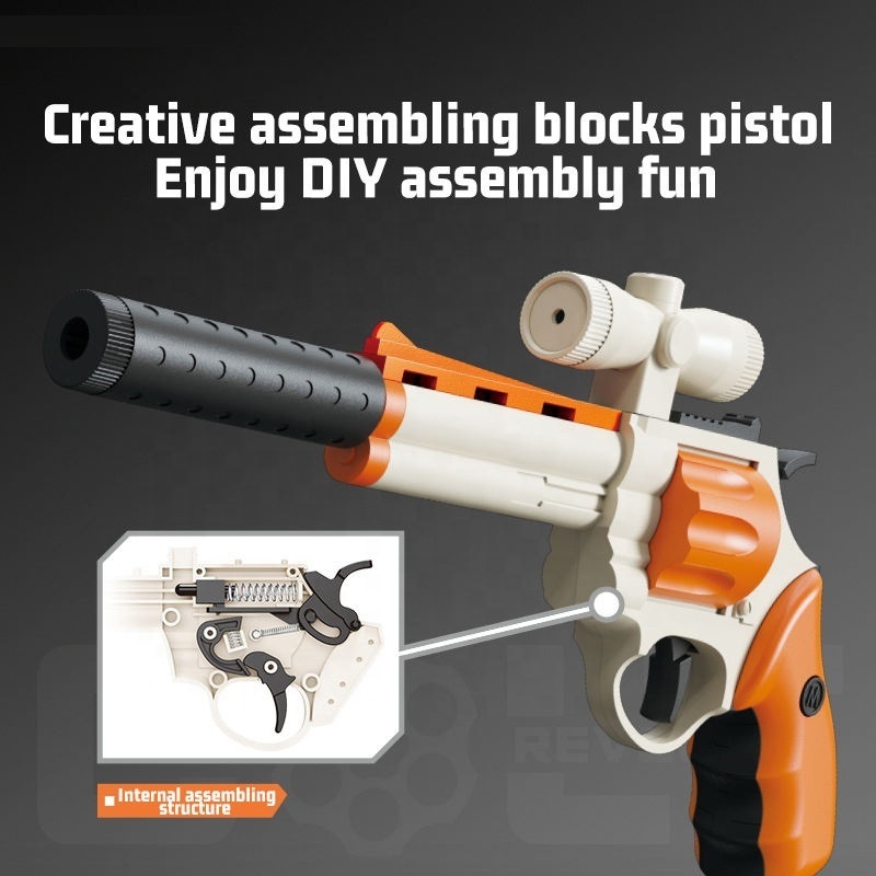 Low price DIY assemble pistols toy gun set for kids building shot gun bullet launcher simulated manual revolver with silencer