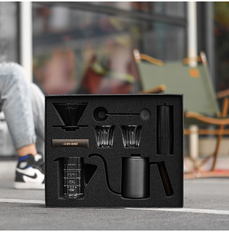 Premium gift box outdoor travel drip coffee set 7pcs/set Pour Over Coffee Maker filter kettle ceramic burr manual coffee grinder