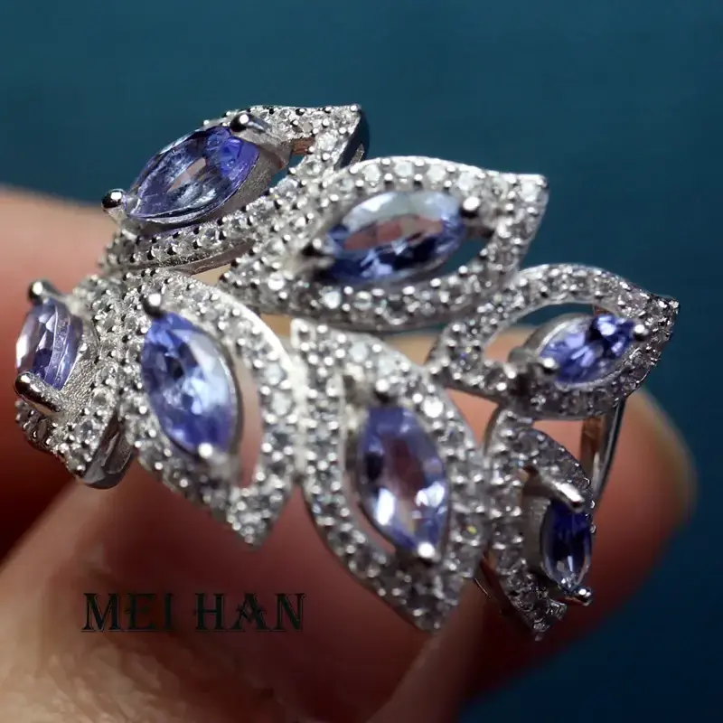 Meihan Natural 6A Tanzanite Leaf 925 Silver Adjustable Women Ring Gem Cutting For Jewelry Making Gift