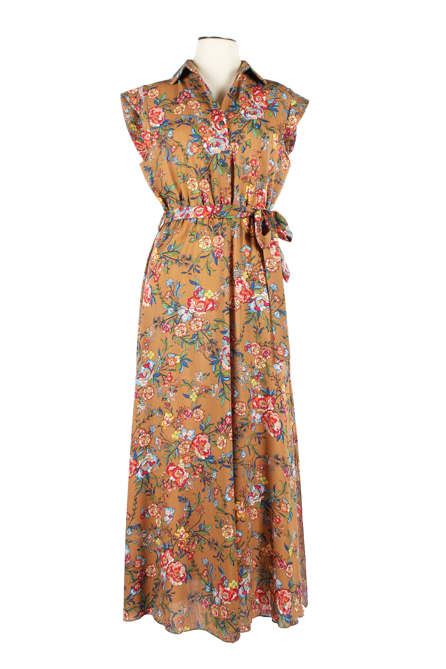 Chic Versatility, Viscose-Polyester Floral Dress in Brown with Flower Print, Ideal for Any Occasion size medium