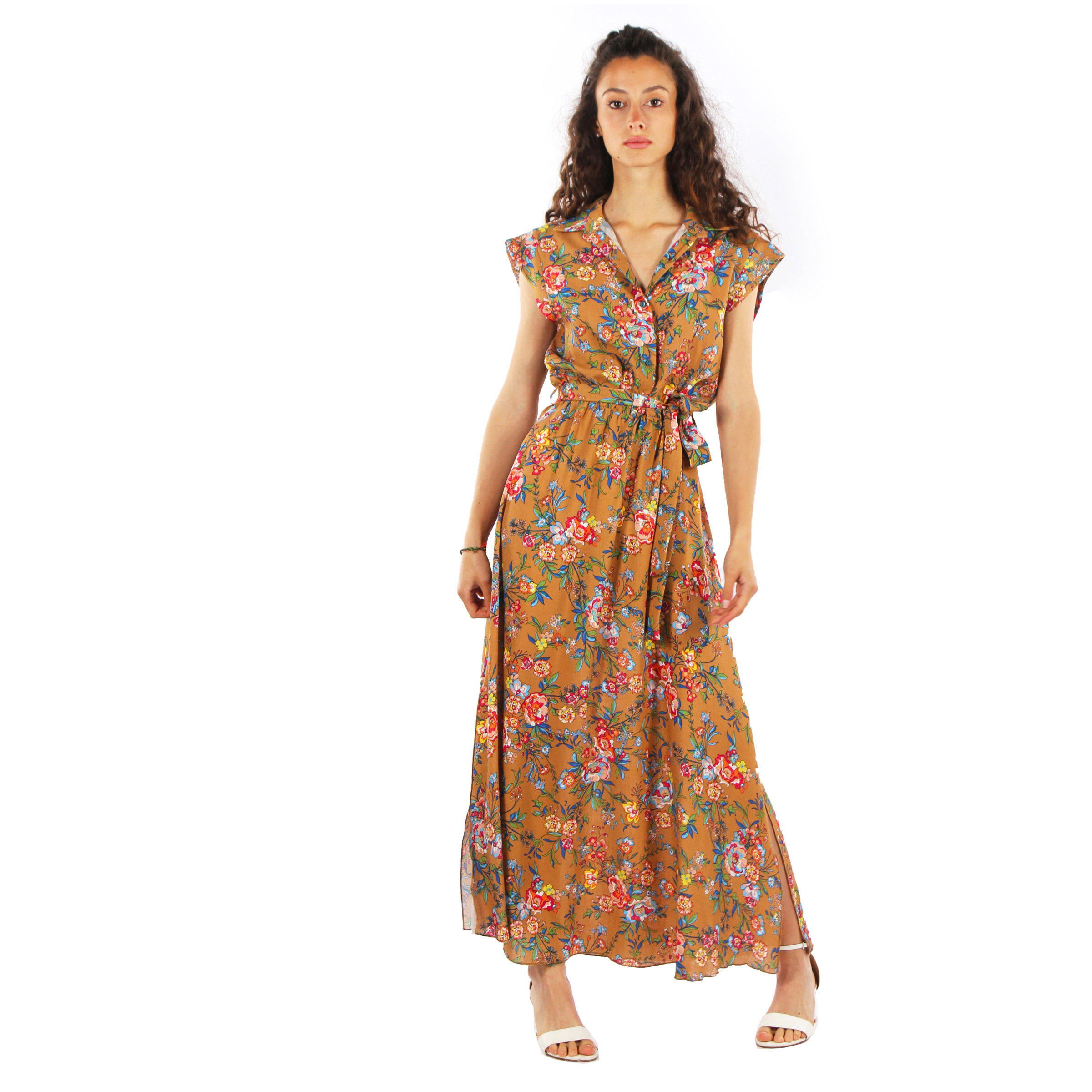 Chic Versatility, Viscose-Polyester Floral Dress in Brown with Flower Print, Ideal for Any Occasion size medium