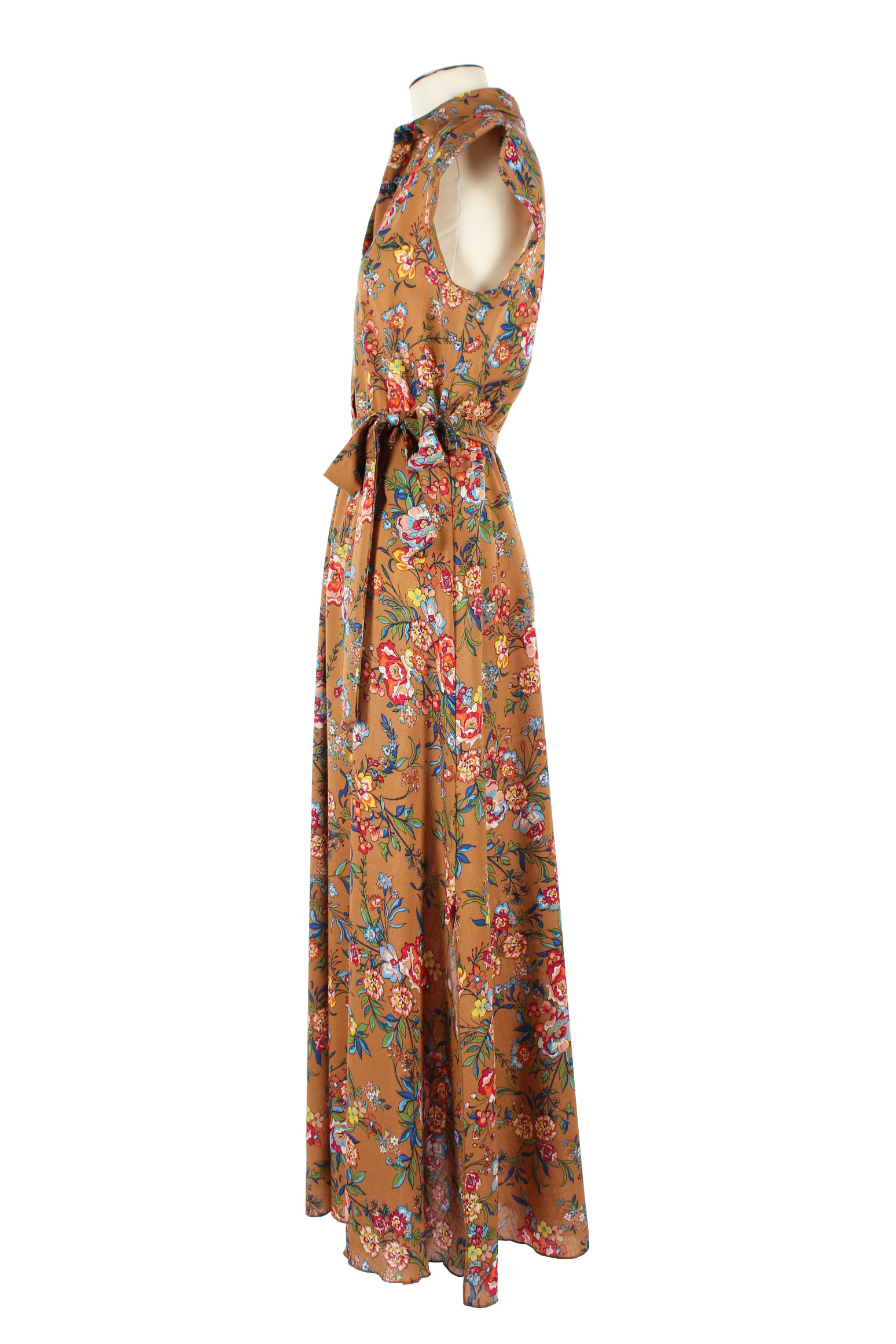 Chic Versatility, Viscose-Polyester Floral Dress in Brown with Flower Print, Ideal for Any Occasion size medium