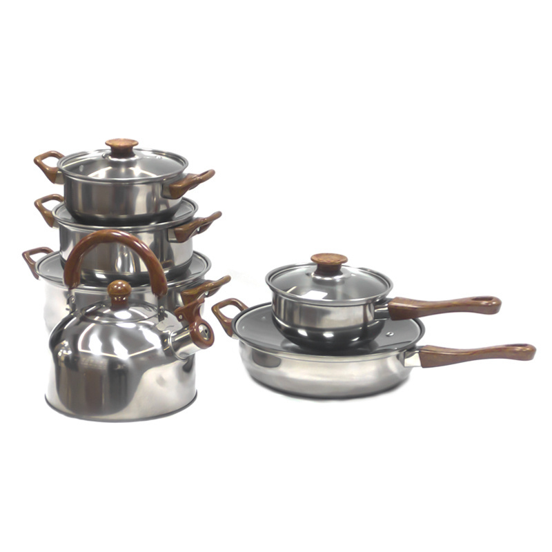 10Pcs Wooden Grain Handle Kitchen Soup Pot 410 Stainless Steel Kitchen Steamer Pot Induction Cookware Set