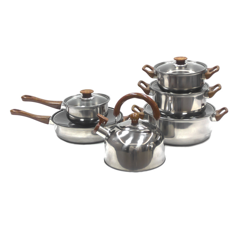 10Pcs Wooden Grain Handle Kitchen Soup Pot 410 Stainless Steel Kitchen Steamer Pot Induction Cookware Set