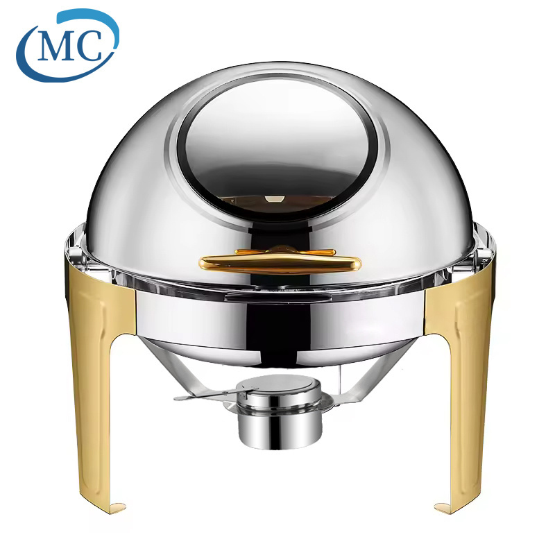 Luxury Large Stainless Steel Chafing Dish Gold 6.5L Big Roll Top Round Catering Chafing Dish Food Warmer