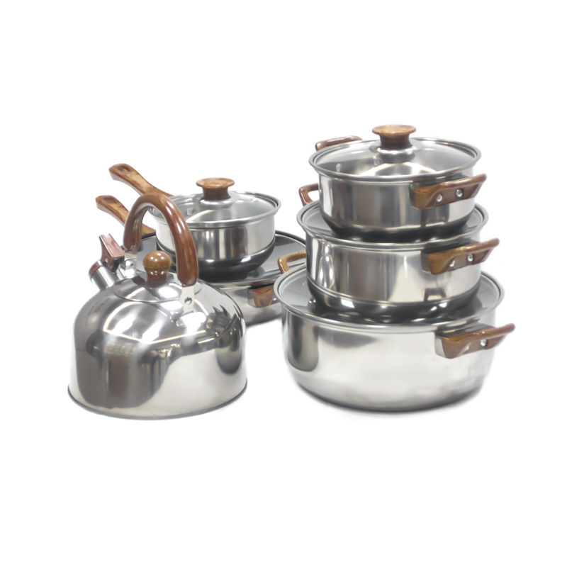 10Pcs Wooden Grain Handle Kitchen Soup Pot 410 Stainless Steel Kitchen Steamer Pot Induction Cookware Set