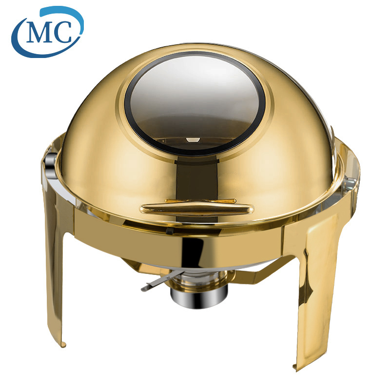 Luxury Large Stainless Steel Chafing Dish Gold 6.5L Big Roll Top Round Catering Chafing Dish Food Warmer