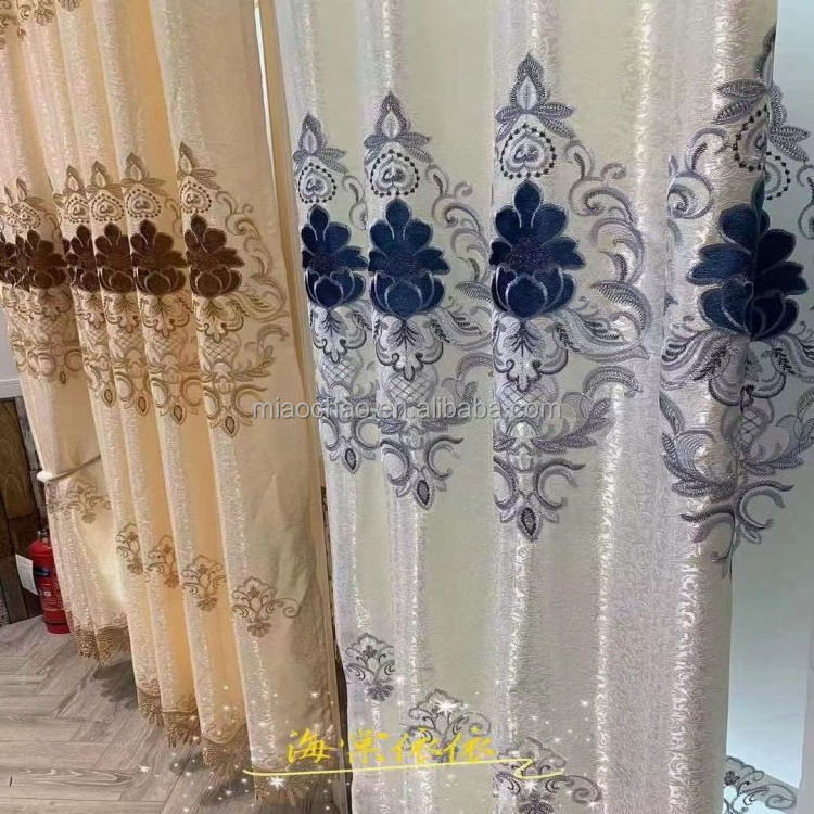 Luxury European style curtains blackout embroidered flower curtains customized gold embroidered living room windows