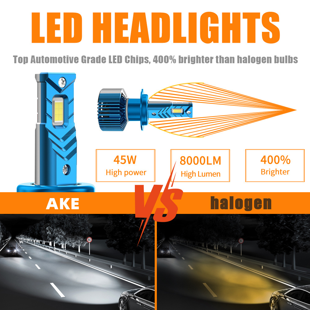 AKE V68 90W 9012 led headlight bulb customize csp 3570 chps h1 h3 h4 h7 h11 880 car led bulbs 12V 6000K 8000Lm 9005 9006 led