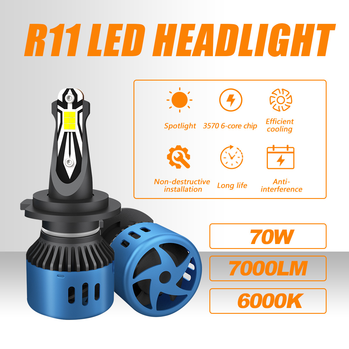 AKE R11 70W high low beam focos led h4 Universal 6000K White h7 led headlight bulb 12V 7000Lm led h1 h11 880 9004 9005 9006 9007