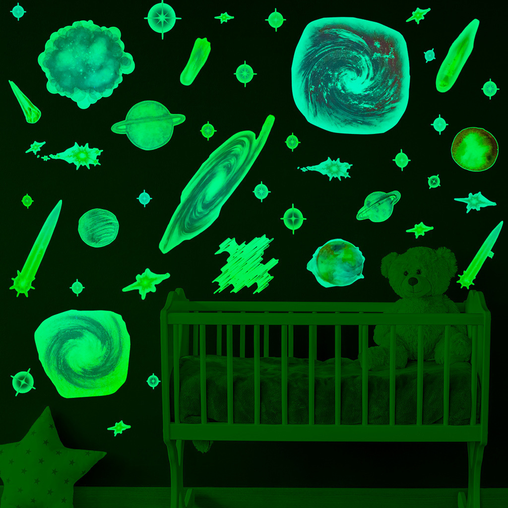 Kids room self adhesive cartoon space glow in the dark stickers custom