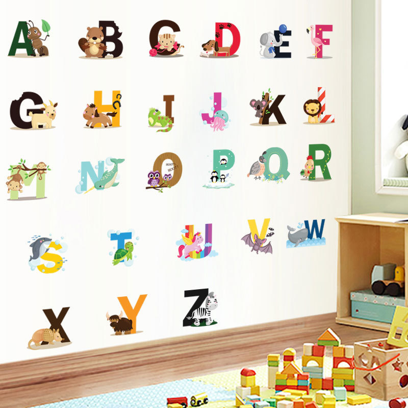 New removable cartoon animal school alphabet kids room wall stickers