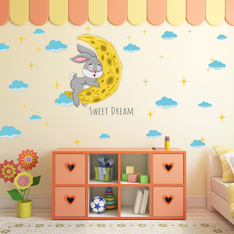 Removable bedroom wall decoration 3d rabbit with moon stickers for kids cute