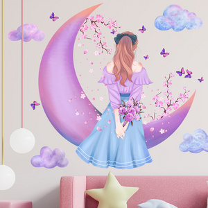 Girls room decoration self adhesive colorful moon with cloud wall decals for bedroom wall