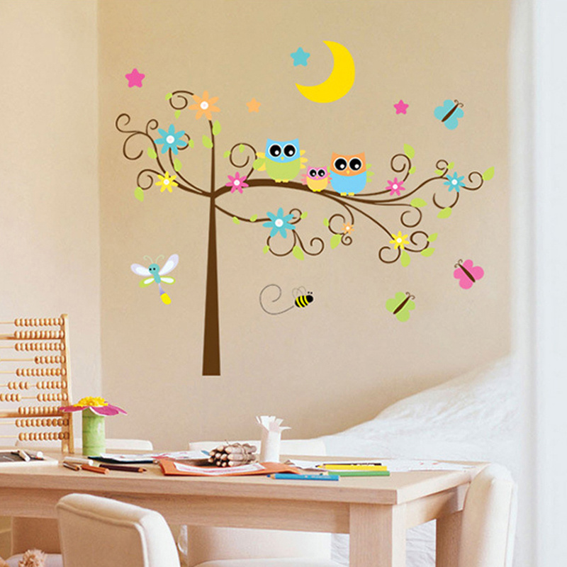 Removable colorful sweet owl on the tree kindergarten wall stickers