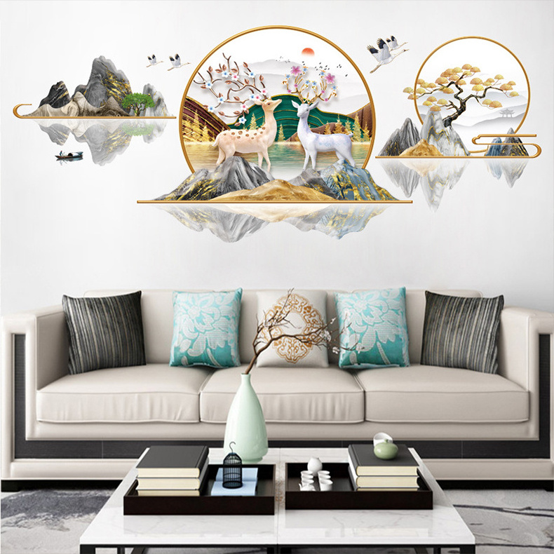 Custom design art Sika deer mountain animal wall stickers decals for living room and bedroom