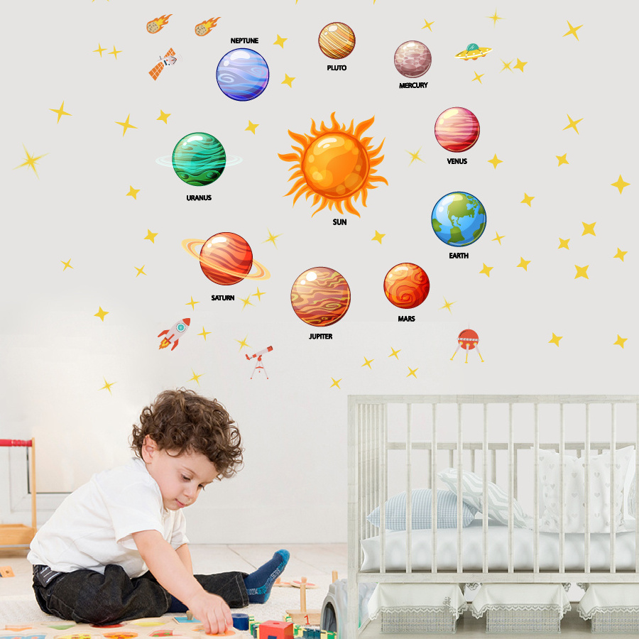 Kids room decoration 3d solar system planet mural wall sticker