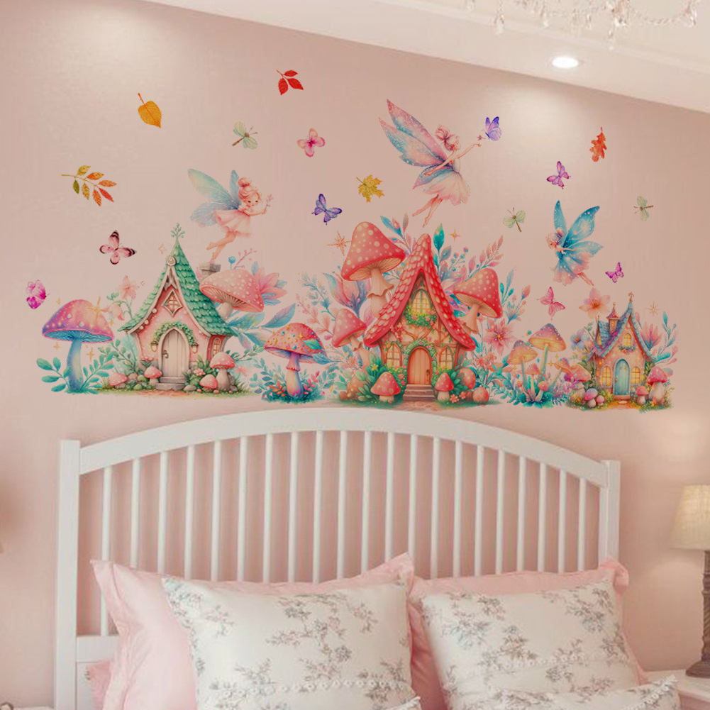 Self adhesive cartoon mushroom with fairy wall stickers home decoration kids