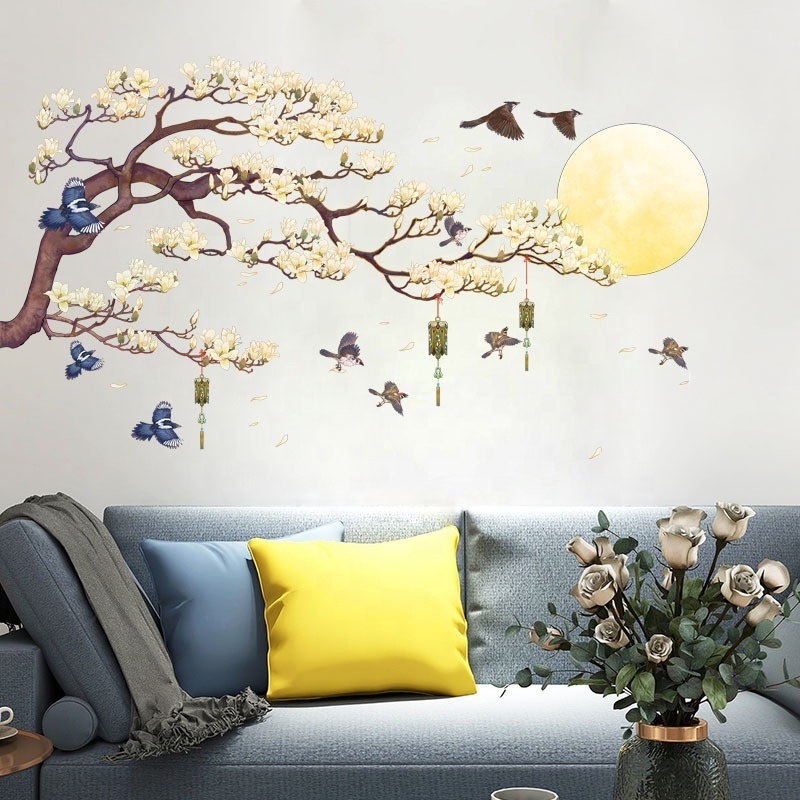 Self adhesive stickers for room walls white flowers bird moon pvc beautiful sticker flower