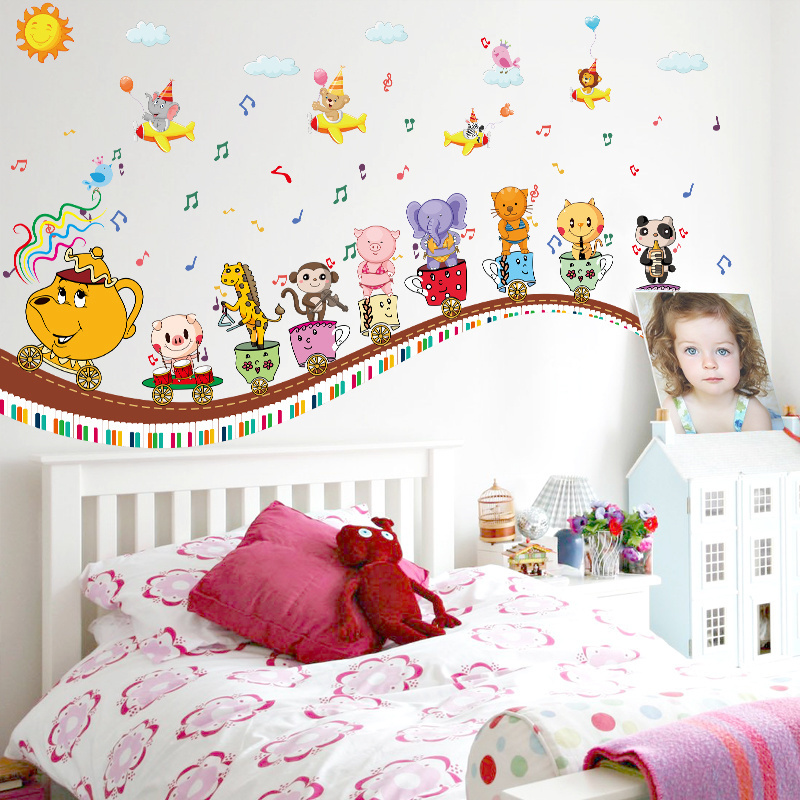 Self-adhesive nursery bedroom animals train wall sticker