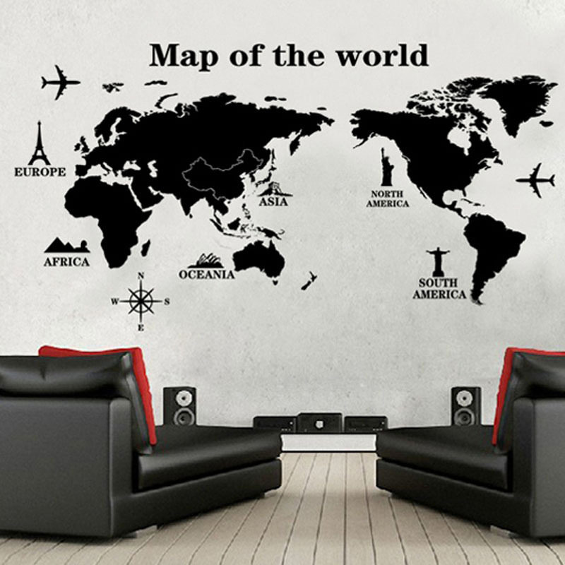 Home decor adhesive pvc travel black world map wall stickers