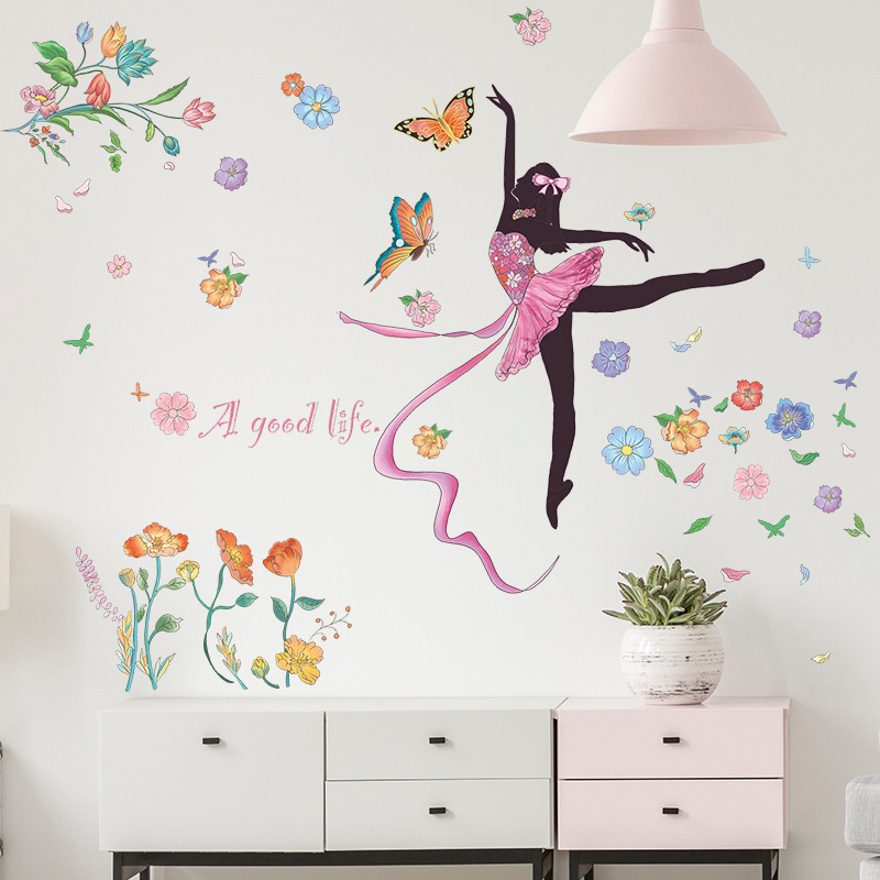 self adhesive cartoon flower dance girl wall stickers decals