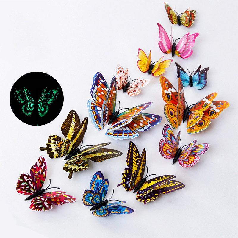 12pc/set home wall decoration adhesive double wing glow in the dark luminous butterfly stickers