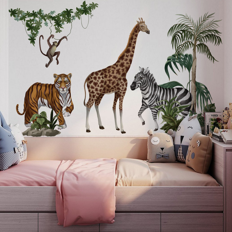 Self-adhesive bedroom room decor cartoon jungle animal wall stickers for kids