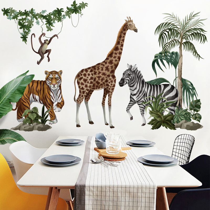 Self-adhesive bedroom room decor cartoon jungle animal wall stickers for kids