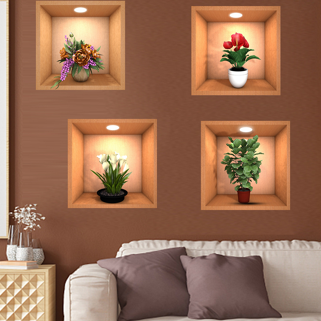 new design living room home decor adhesive 3d vase plant wall sticker