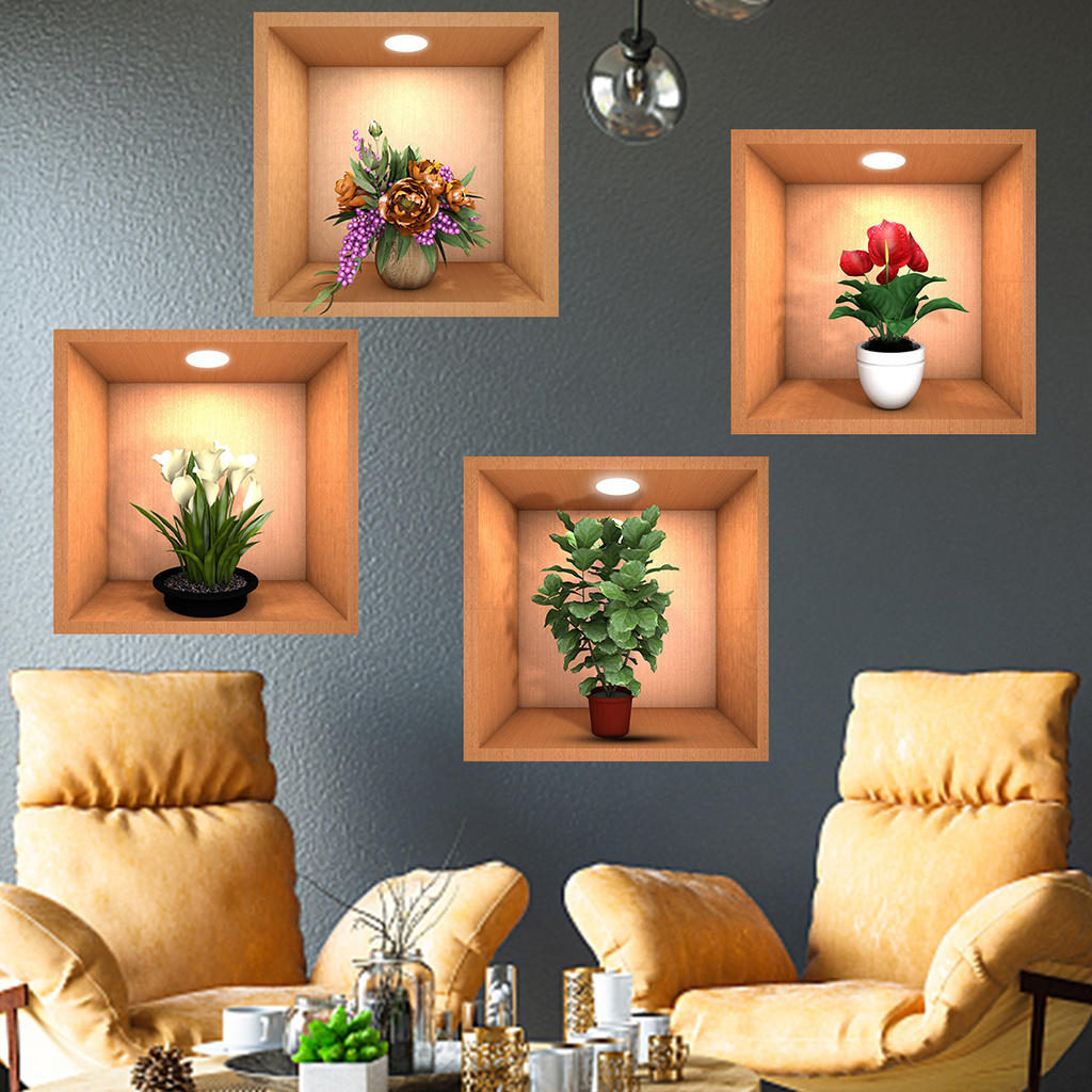 new design living room home decor adhesive 3d vase plant wall sticker