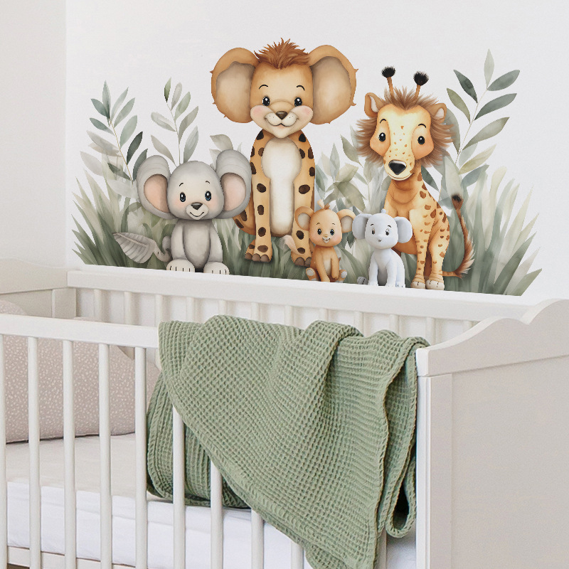 Kids room removable cartoon jungle animal green forest wall stickers