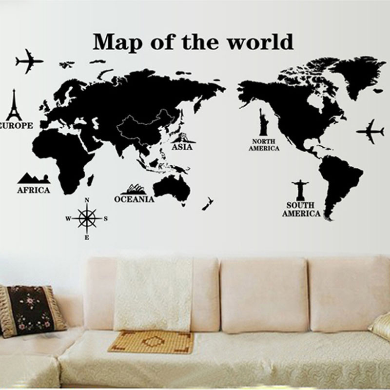 Home decor adhesive pvc travel black world map wall stickers