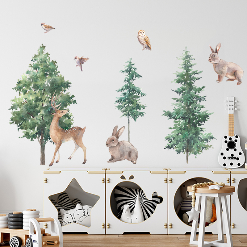 Self adhesive 3d cute bunny animal tree safari wall stickers home decoration for kids room